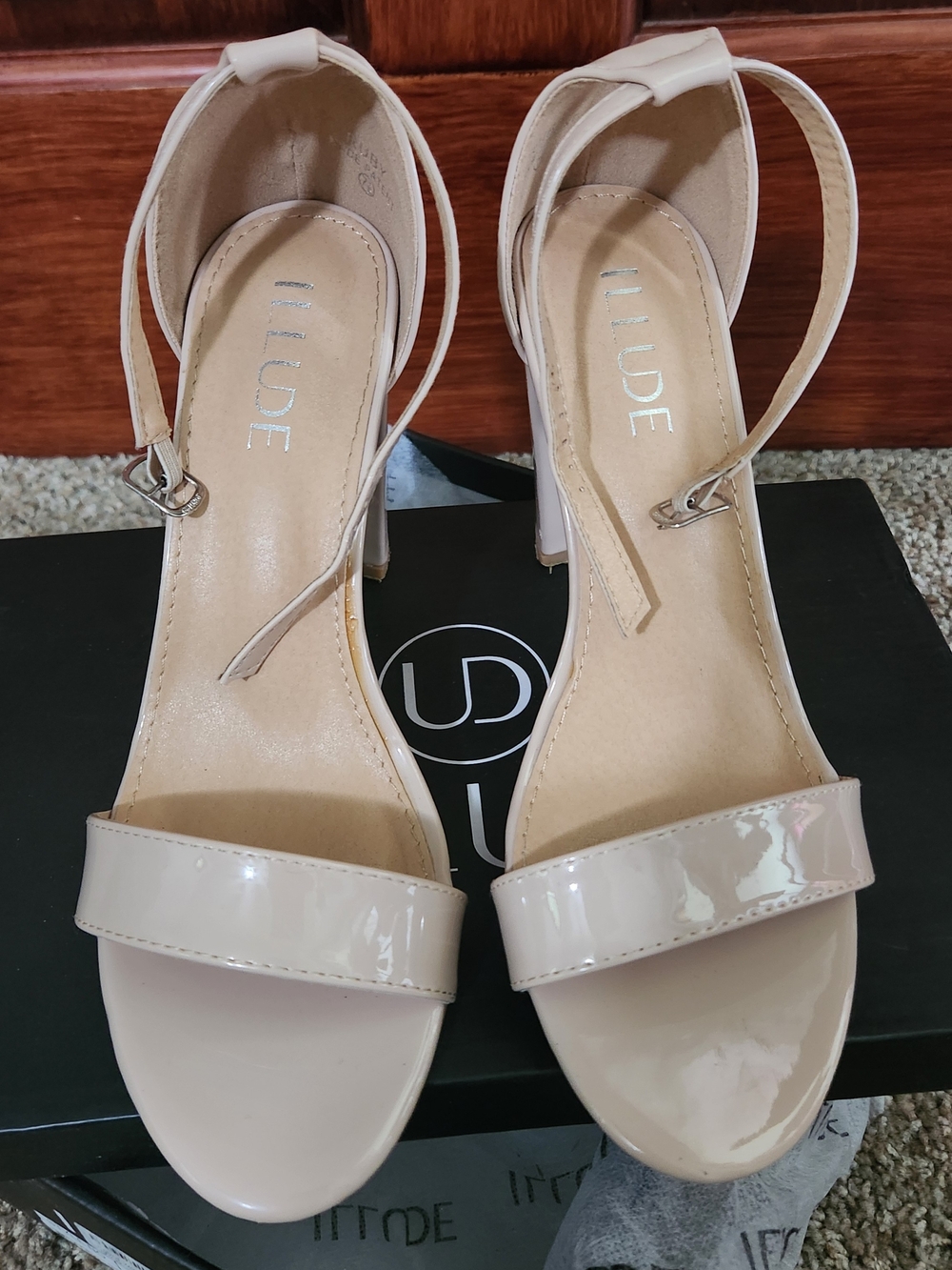 Illude Nude Patent Ruby Ankle-Strap Heels